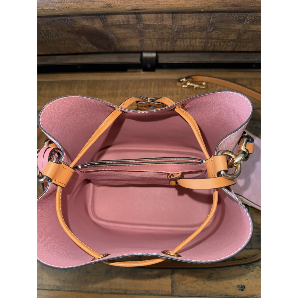 NWT Coach Bucket Bag Women's Medium Pink Signature Canvas Leather Crossbody - Picture 10 of 14